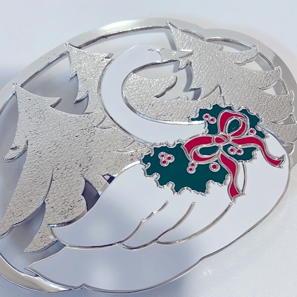 Silverplate Enamel Swan Holiday Trivet - Picture 2 of 6